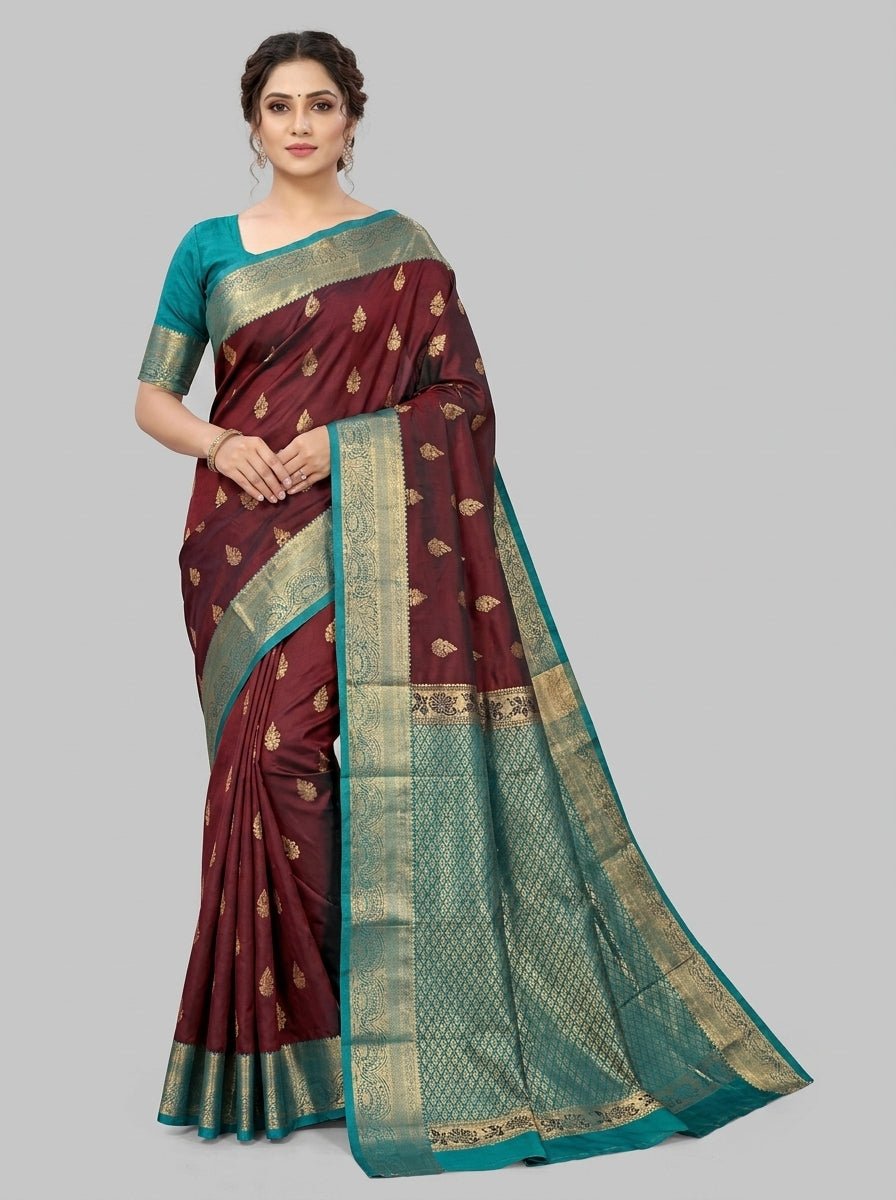 Wine Teal Pattu Silk Saree