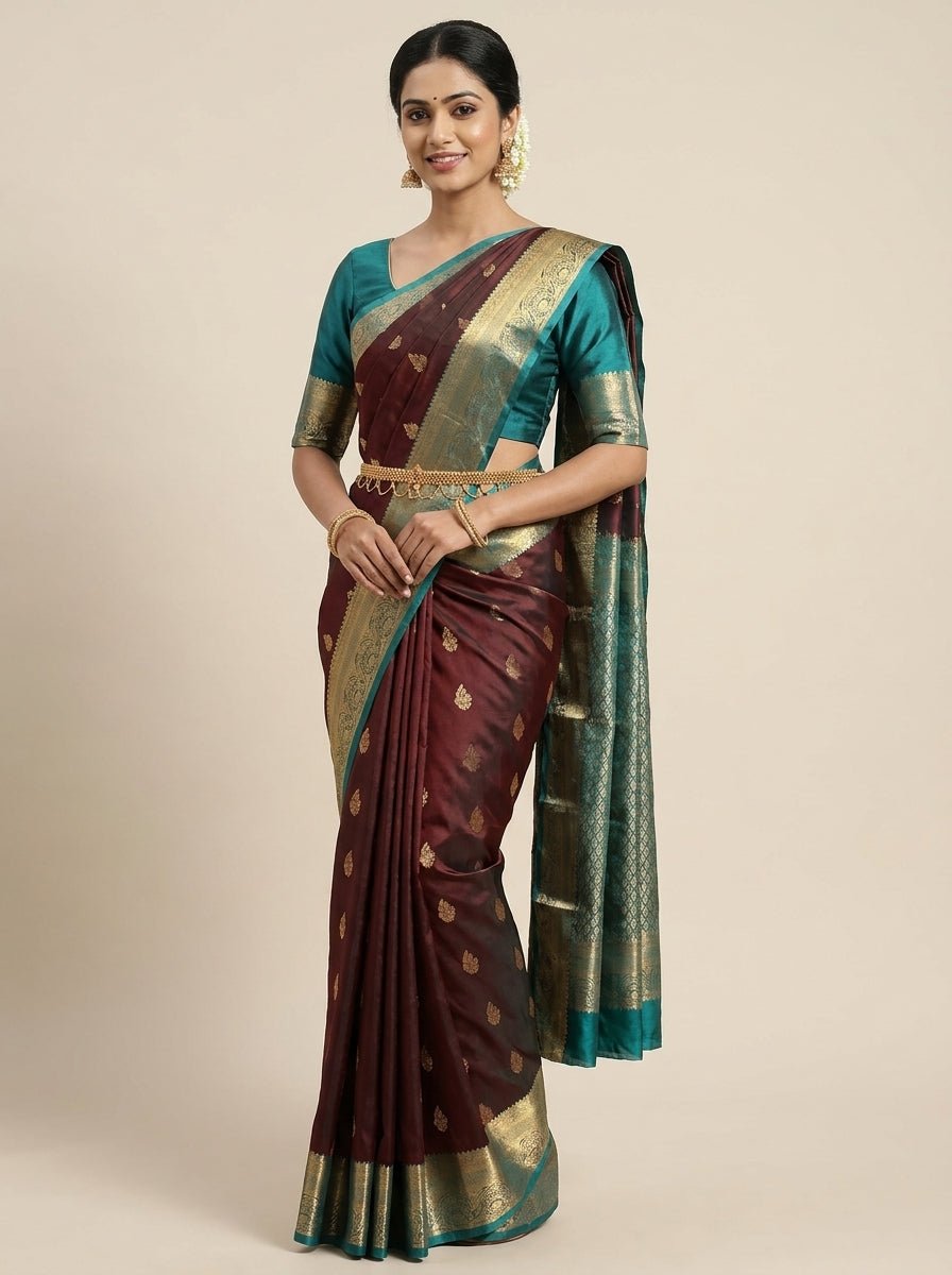 Wine Teal Pattu Silk Saree