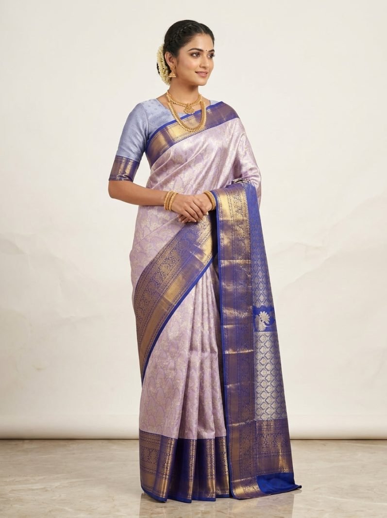 Lilac Indigo Pattu Silk Saree