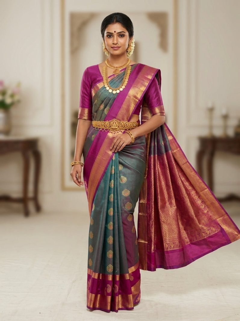 Teal Rose Pattu Silk Saree