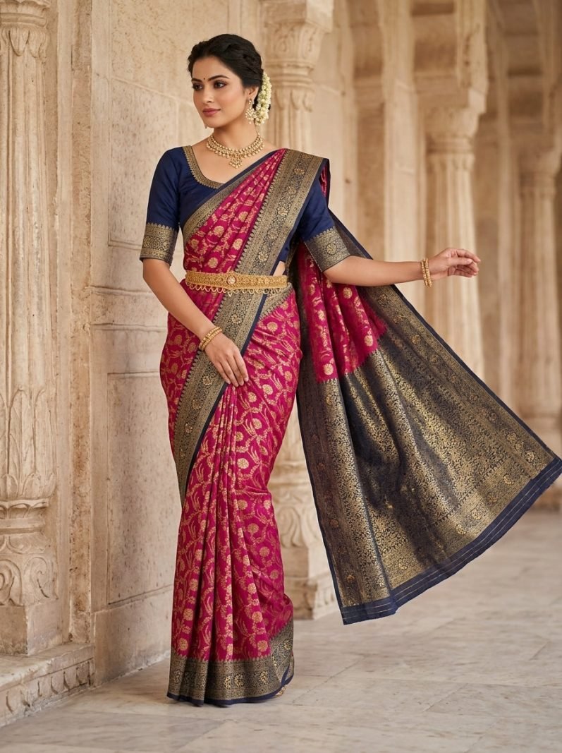 Magenta Navy Banaras Pattu Silk Saree