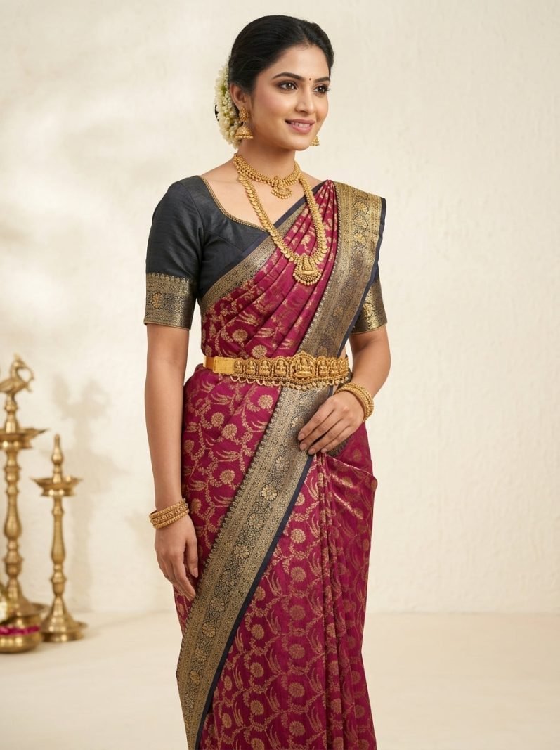 Magenta Navy Banaras Pattu Silk Saree