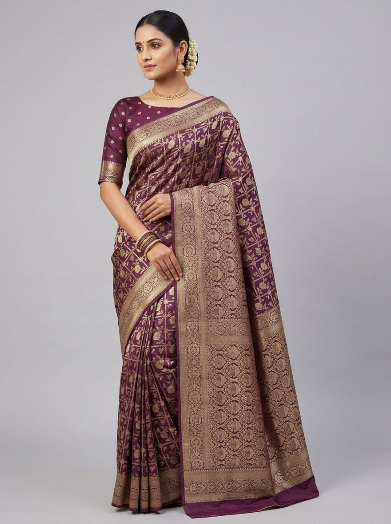 Taupe Wine Banaras Pattu Silk Saree
