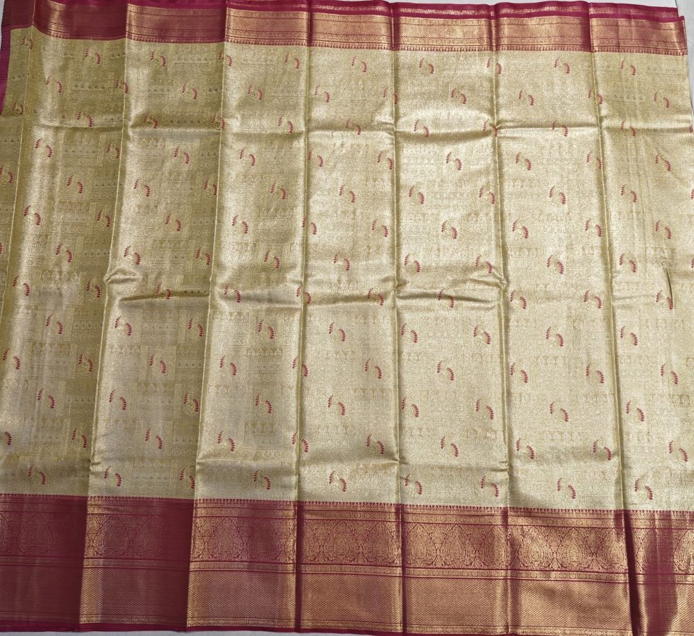 Champagne Gold Meenakari Pattu Saree with Rose Pink Border