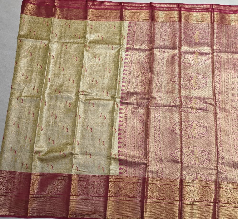 Champagne Gold Meenakari Pattu Saree with Rose Pink Border