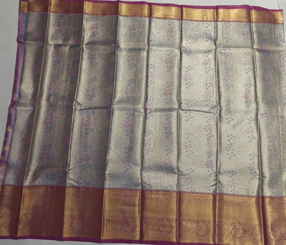 Silver Sage Meenakari Pattu Saree with Lavender Checkered Pallu