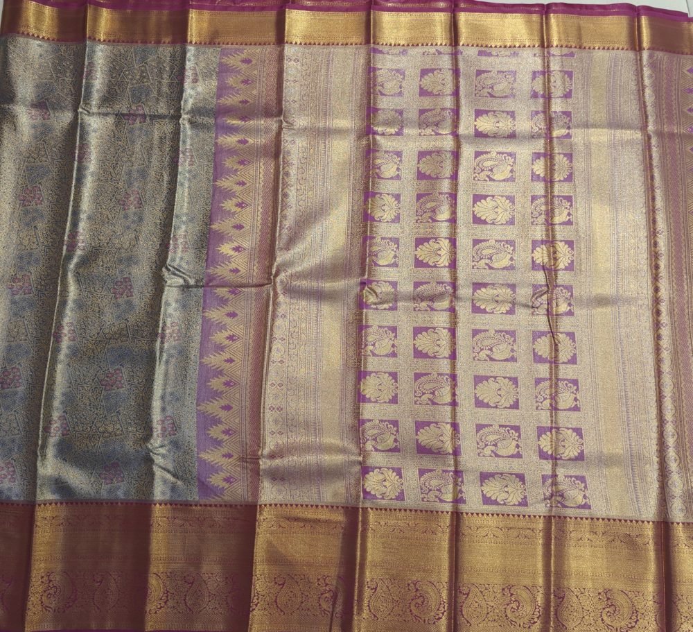 Silver Sage Meenakari Pattu Saree with Lavender Checkered Pallu
