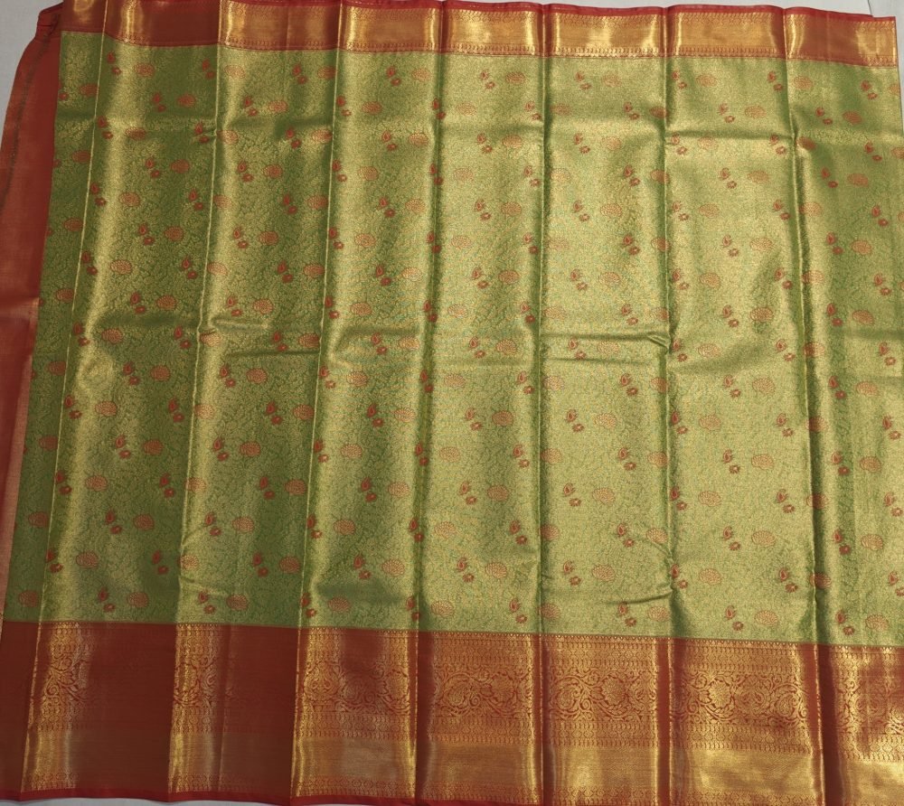 Pistachio Green Meenakari Pattu Saree with Copper Orange Border