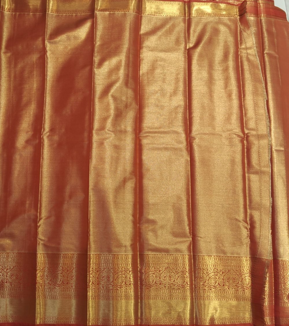 Pistachio Green Meenakari Pattu Saree with Copper Orange Border