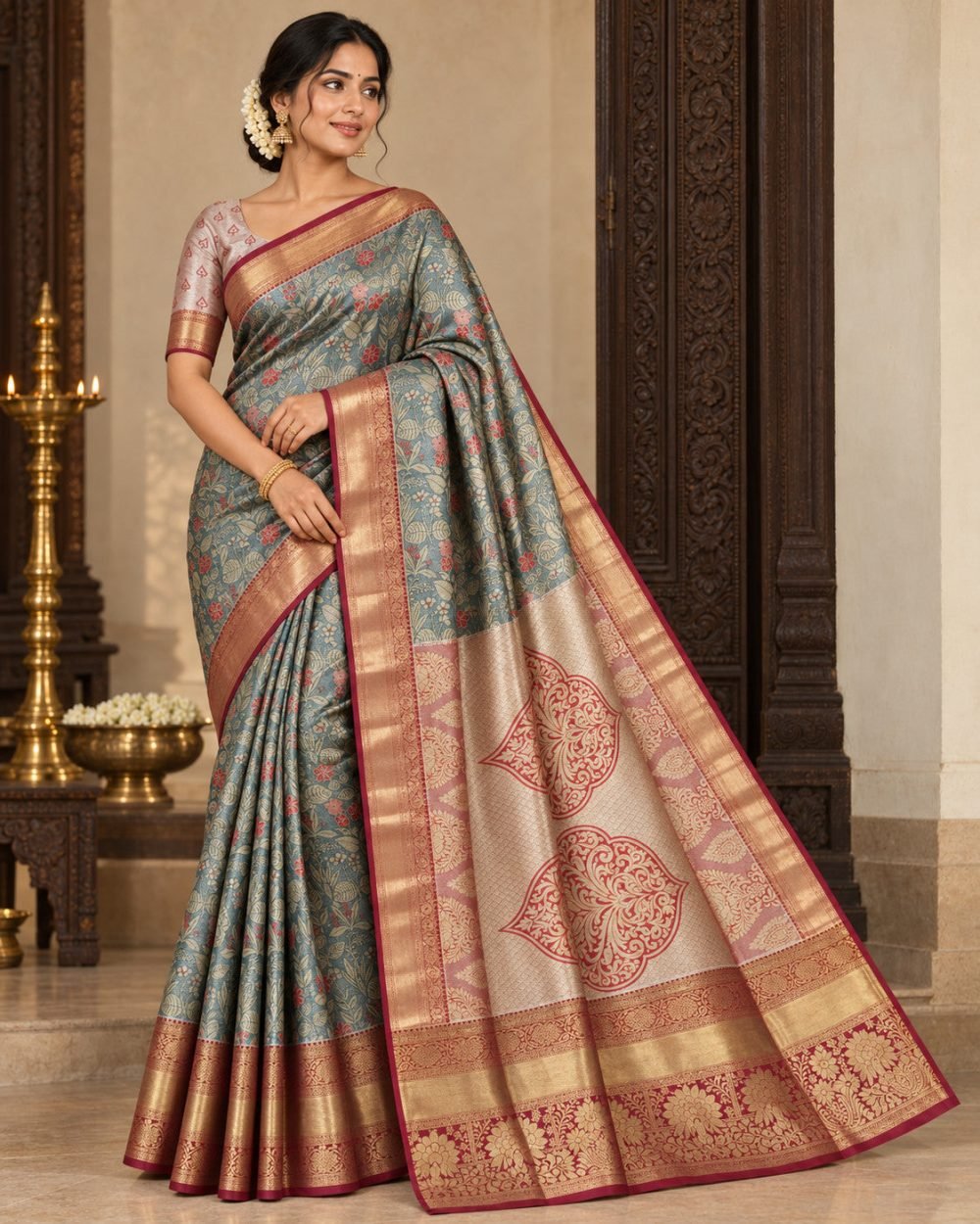 Teal Floral Meenakari Pattu Saree with Maroon Border