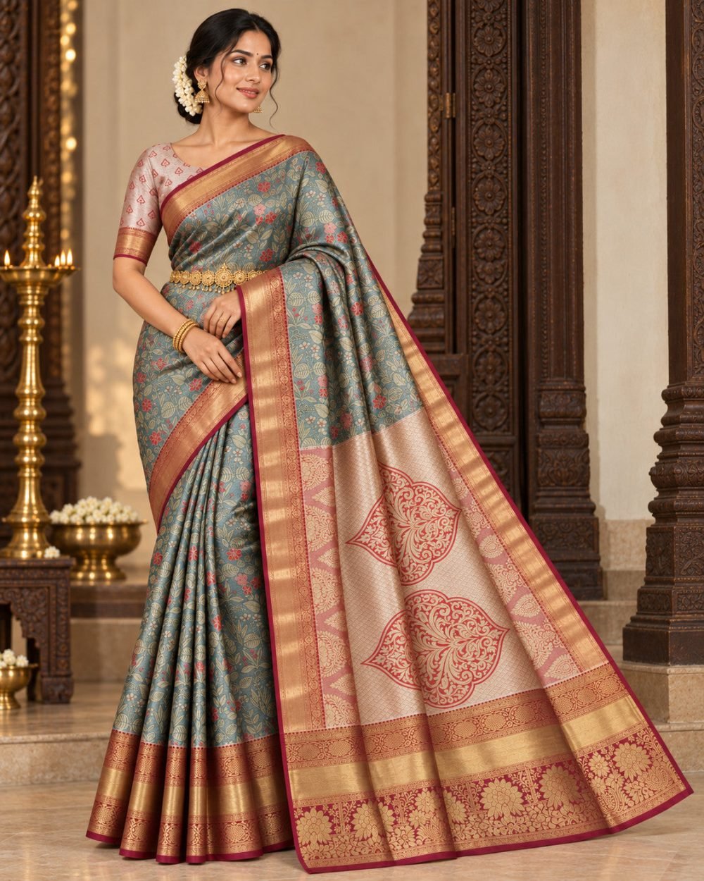 Teal Floral Meenakari Pattu Saree with Maroon Border