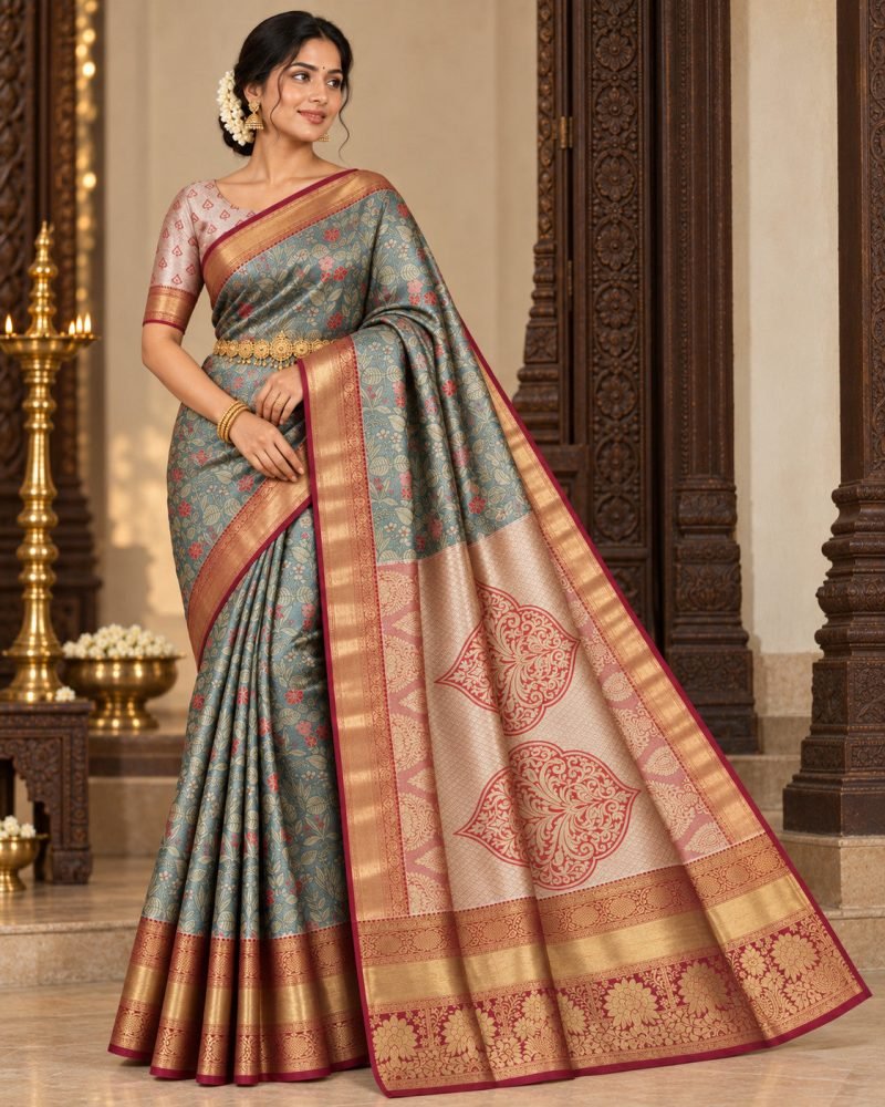Teal Floral Meenakari Pattu Saree with Maroon Border