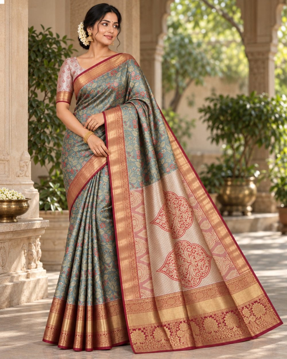 Teal Floral Meenakari Pattu Saree with Maroon Border