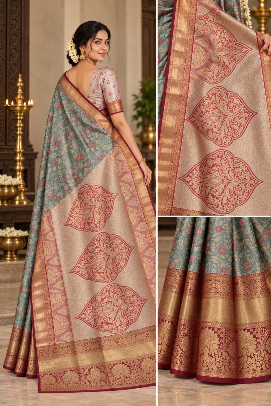 Teal Floral Meenakari Pattu Saree with Maroon Border