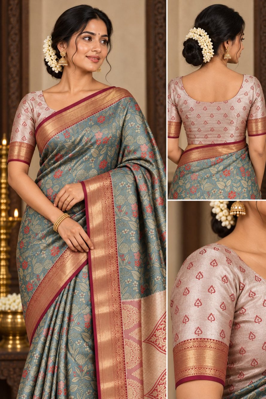 Teal Floral Meenakari Pattu Saree with Maroon Border