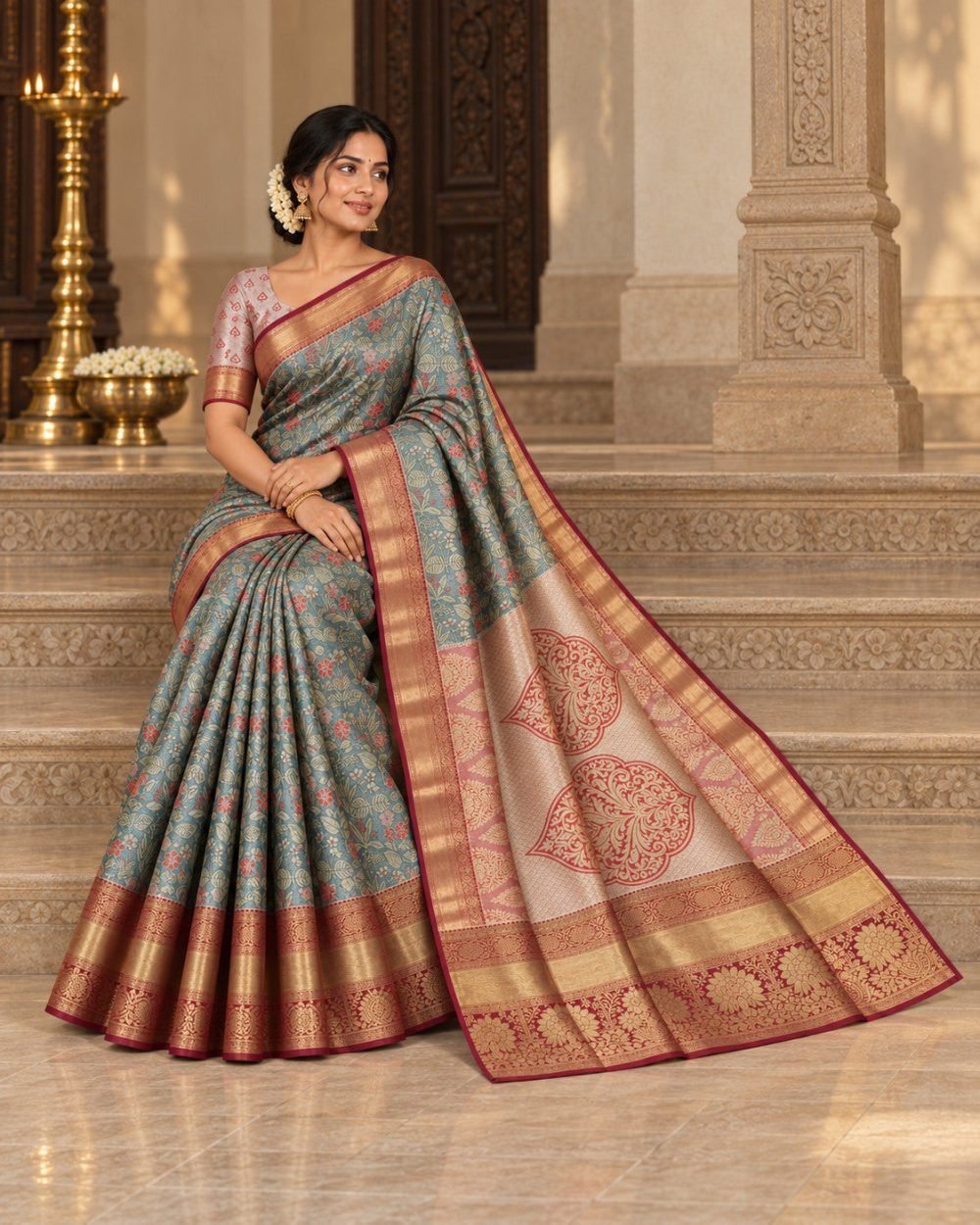 Teal Floral Meenakari Pattu Saree with Maroon Border