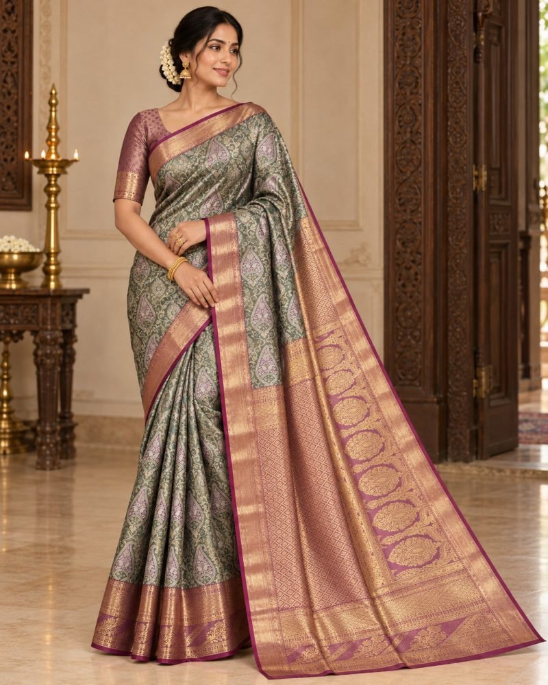 Sage Green Paisley Meenakari Pattu Saree with Plum Border