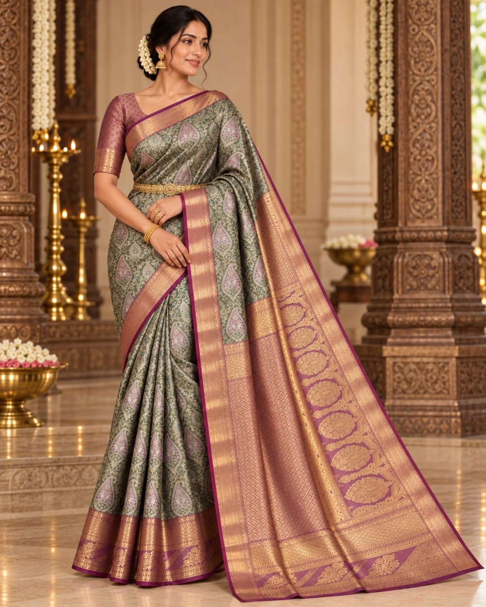Sage Green Paisley Meenakari Pattu Saree with Plum Border