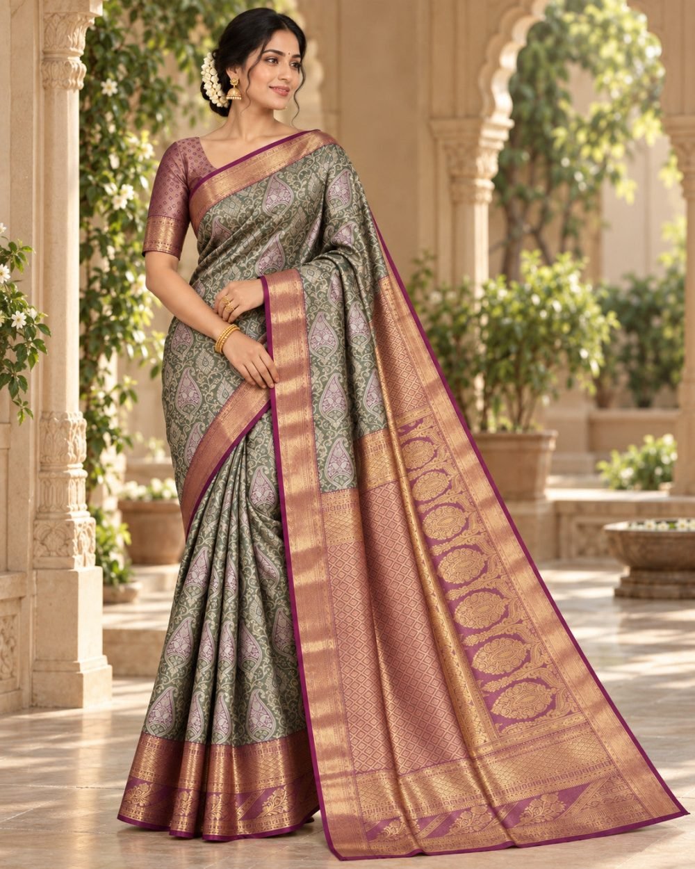 Sage Green Paisley Meenakari Pattu Saree with Plum Border