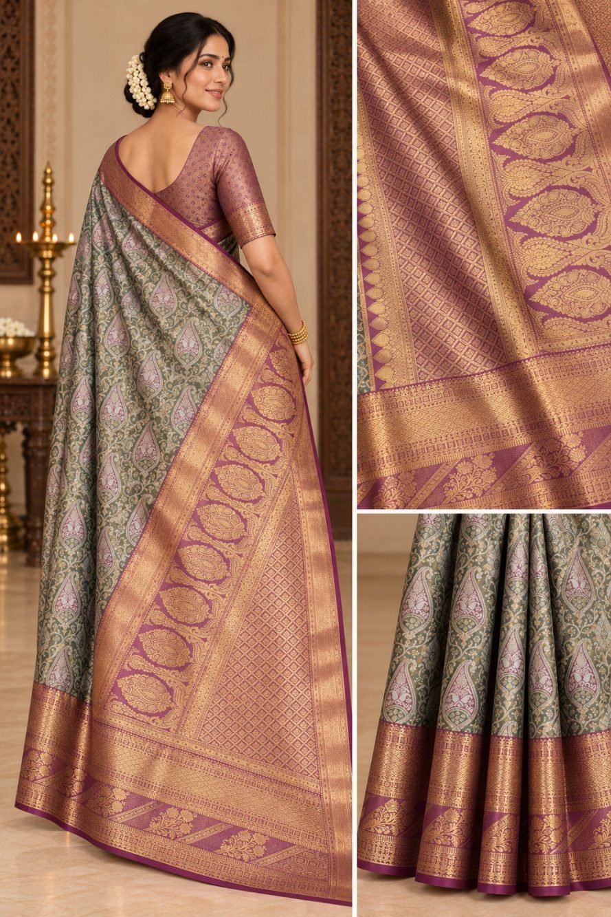 Sage Green Paisley Meenakari Pattu Saree with Plum Border