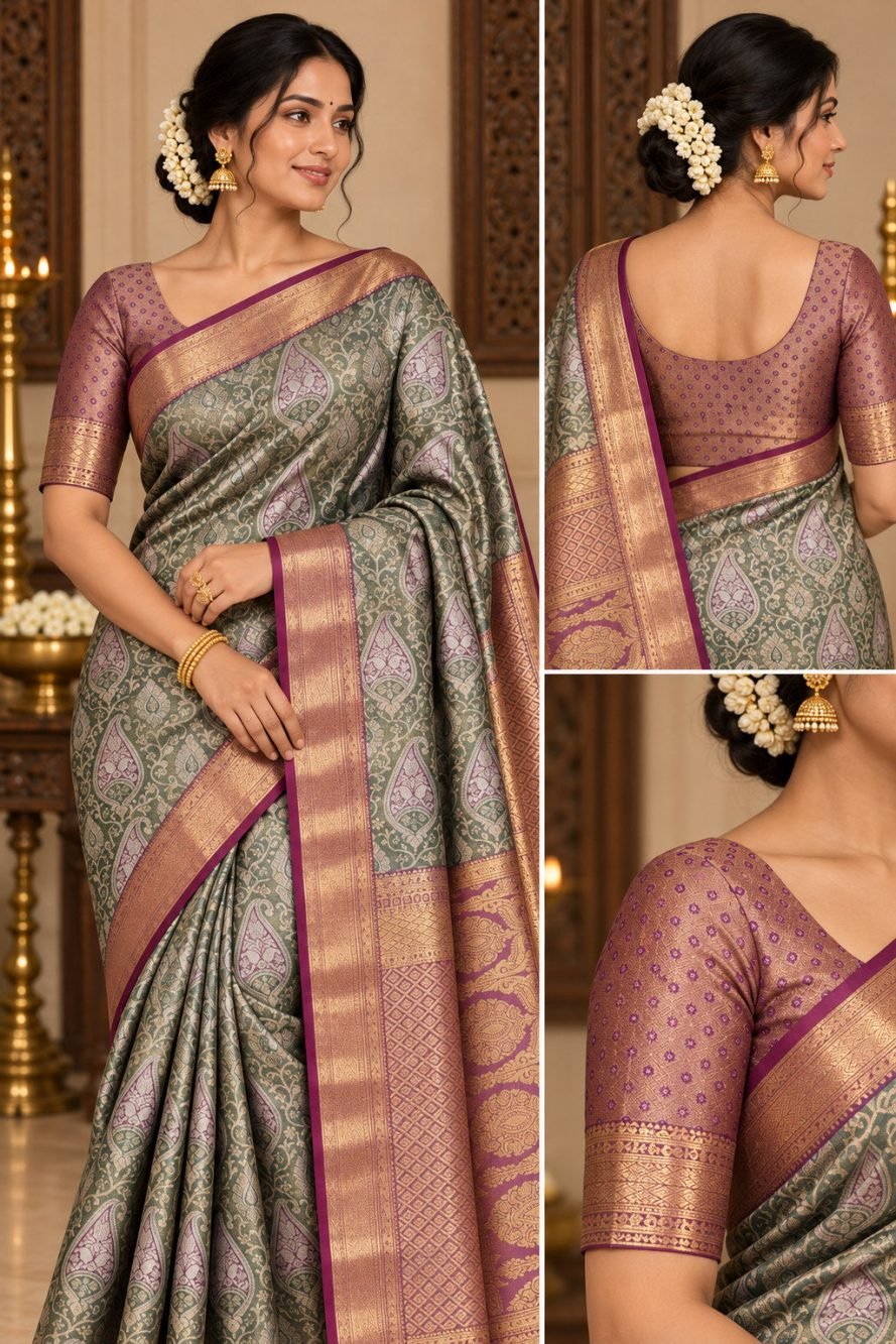 Sage Green Paisley Meenakari Pattu Saree with Plum Border