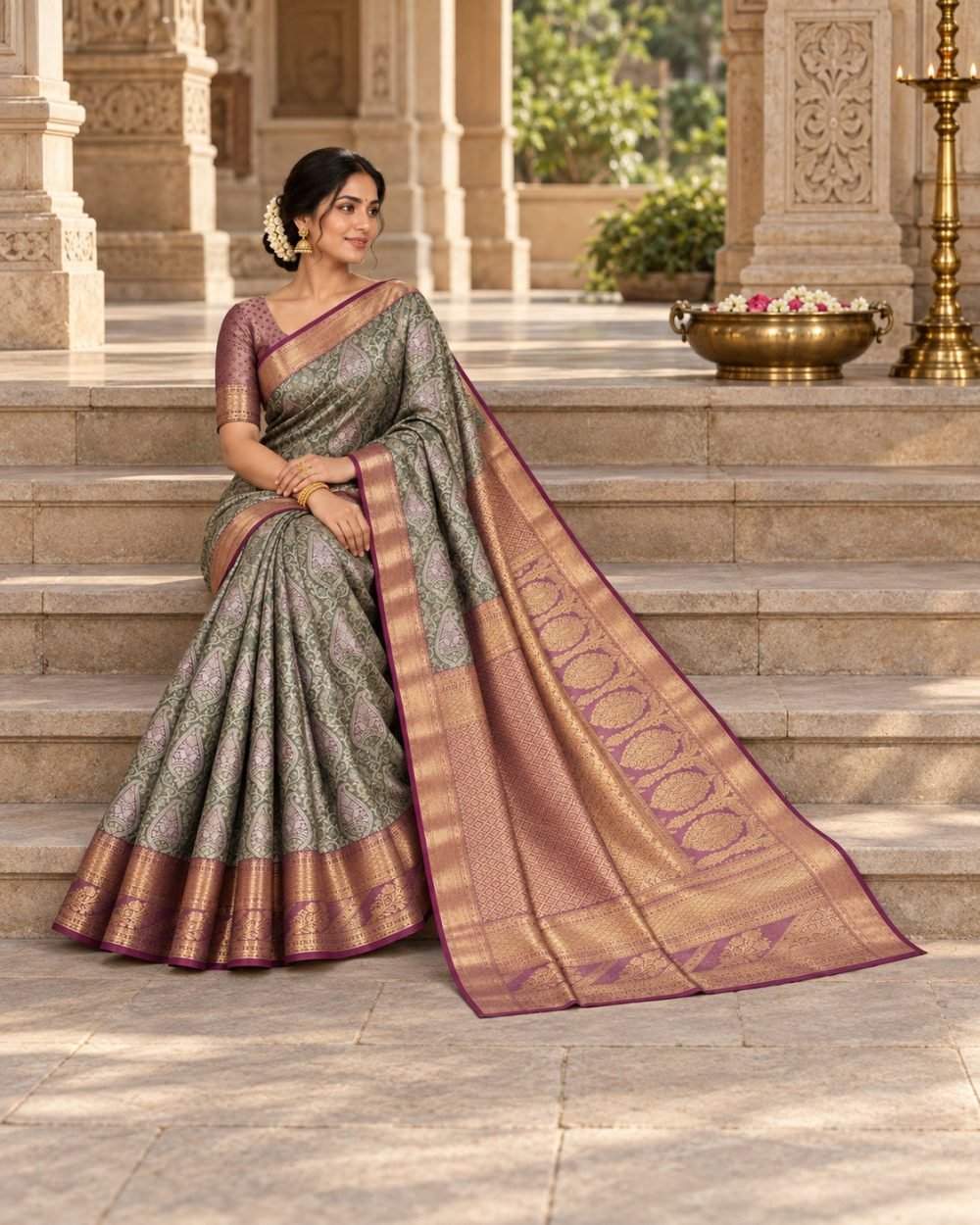 Sage Green Paisley Meenakari Pattu Saree with Plum Border