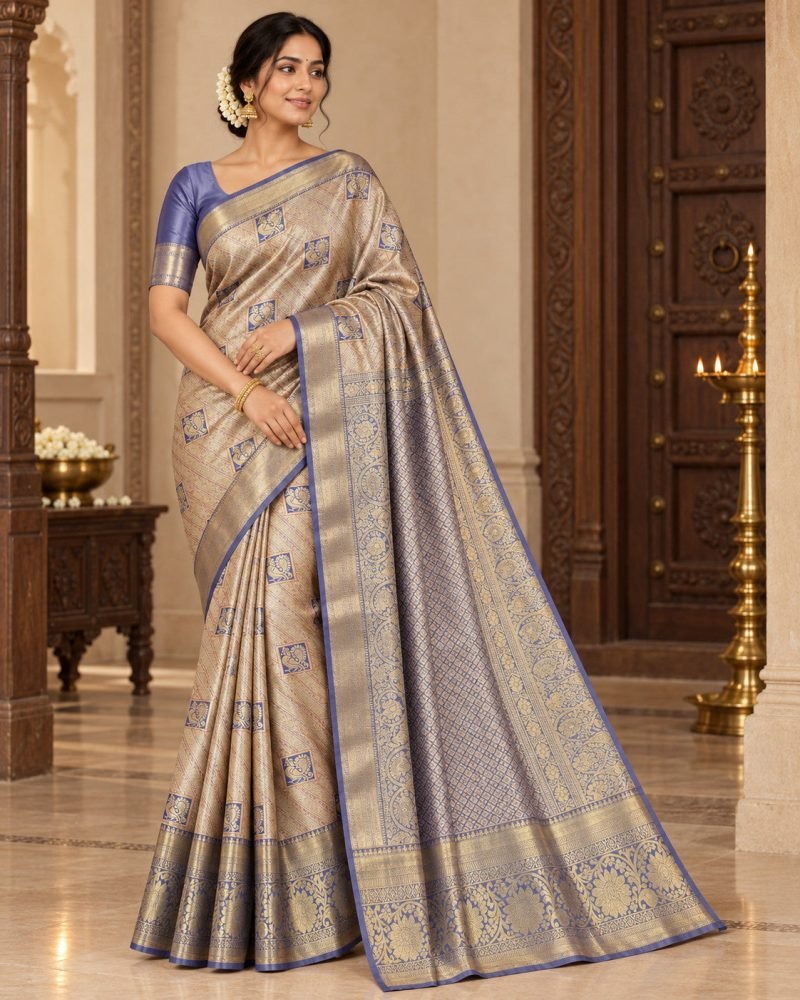 Champagne Gold Meenakari Pattu Saree with Blue Violet Border