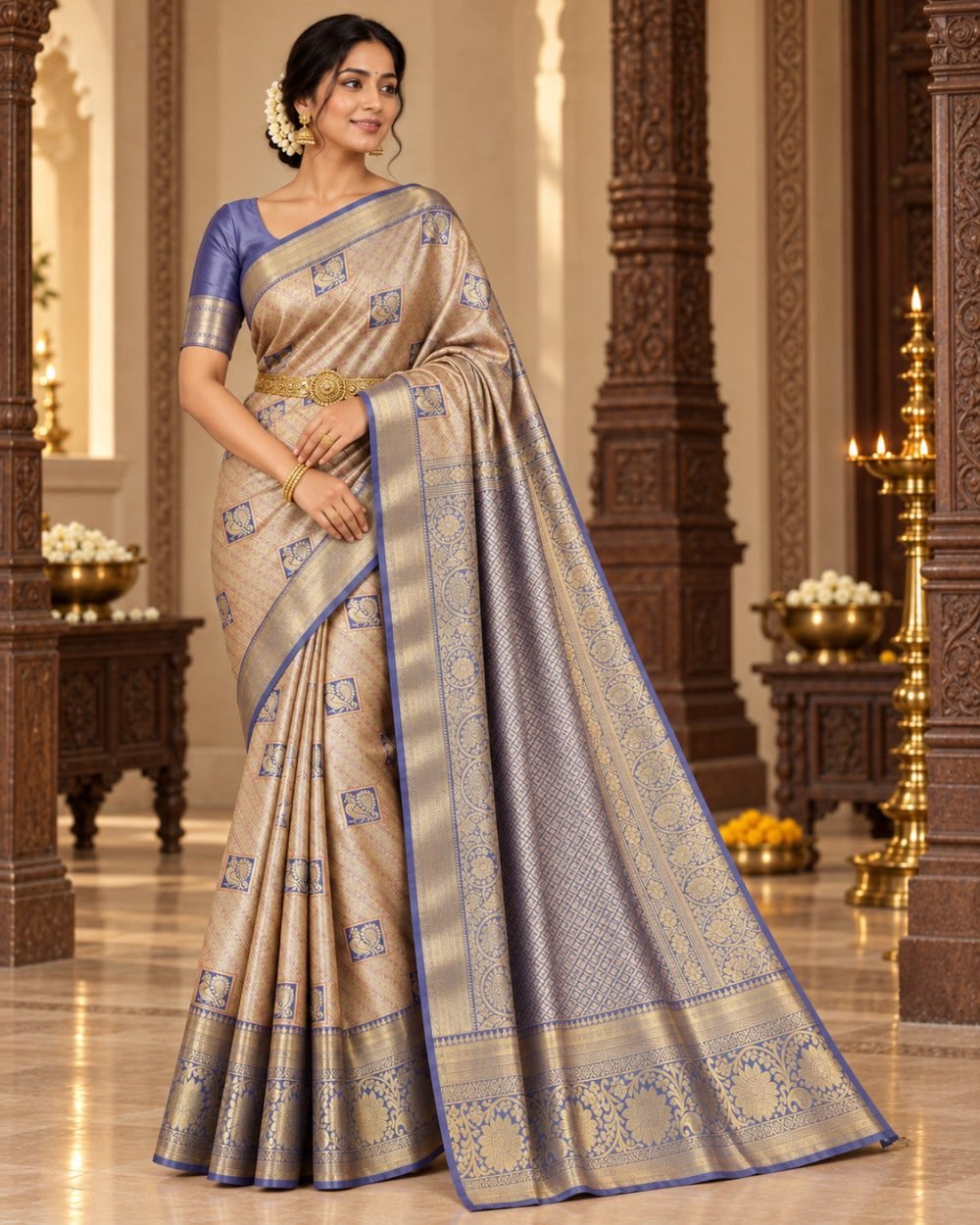 Champagne Gold Meenakari Pattu Saree with Blue Violet Border