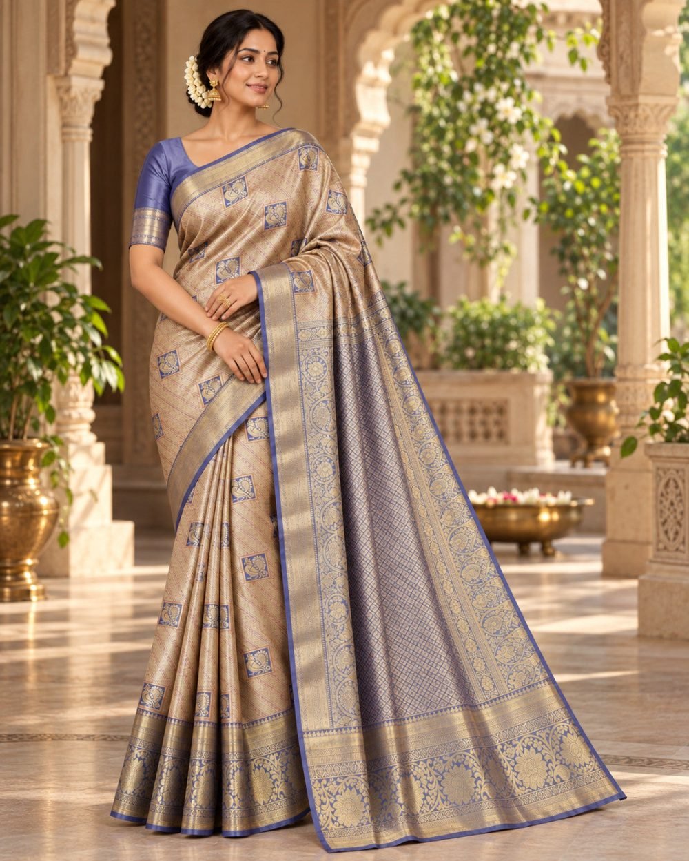 Champagne Gold Meenakari Pattu Saree with Blue Violet Border