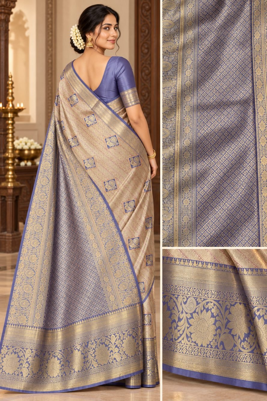 Champagne Gold Meenakari Pattu Saree with Blue Violet Border