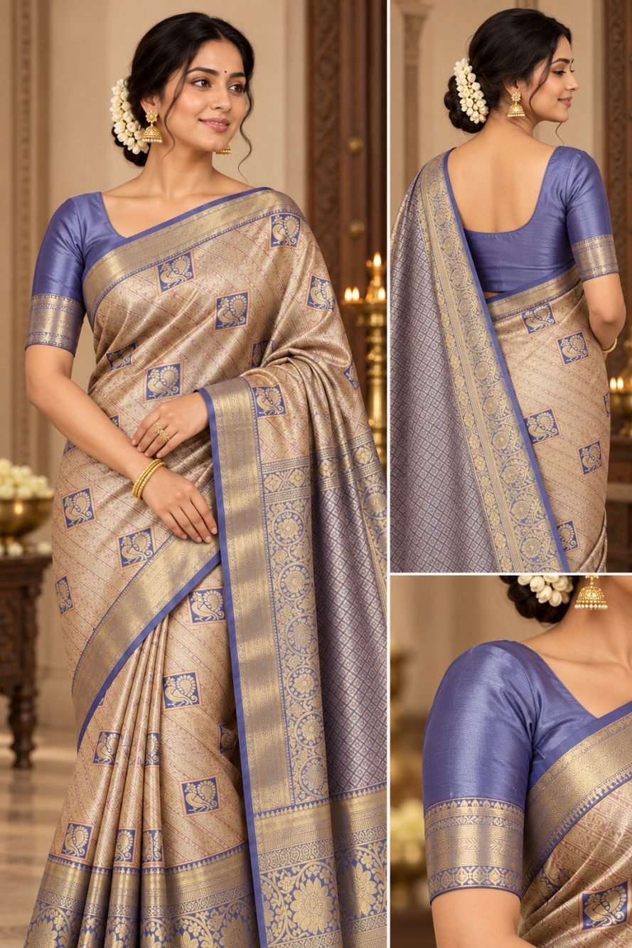 Champagne Gold Meenakari Pattu Saree with Blue Violet Border