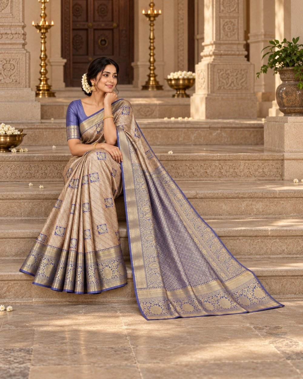 Champagne Gold Meenakari Pattu Saree with Blue Violet Border