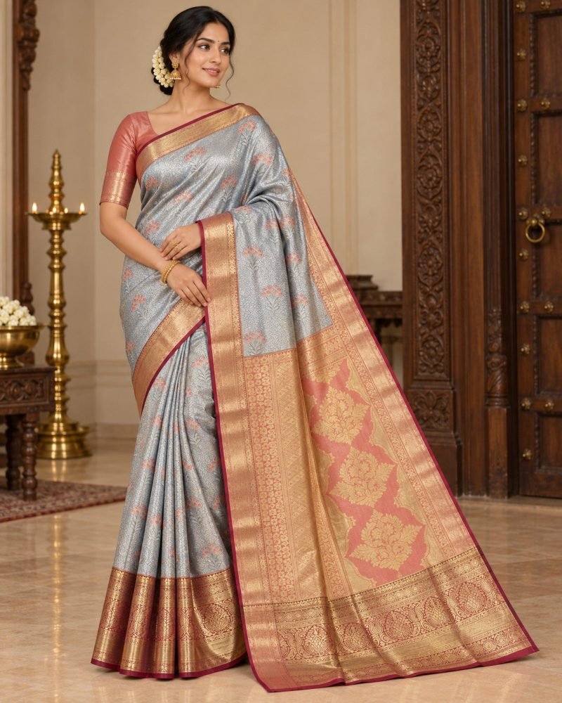Silver Blue Floral Meenakari Pattu Saree with Peach Pallu