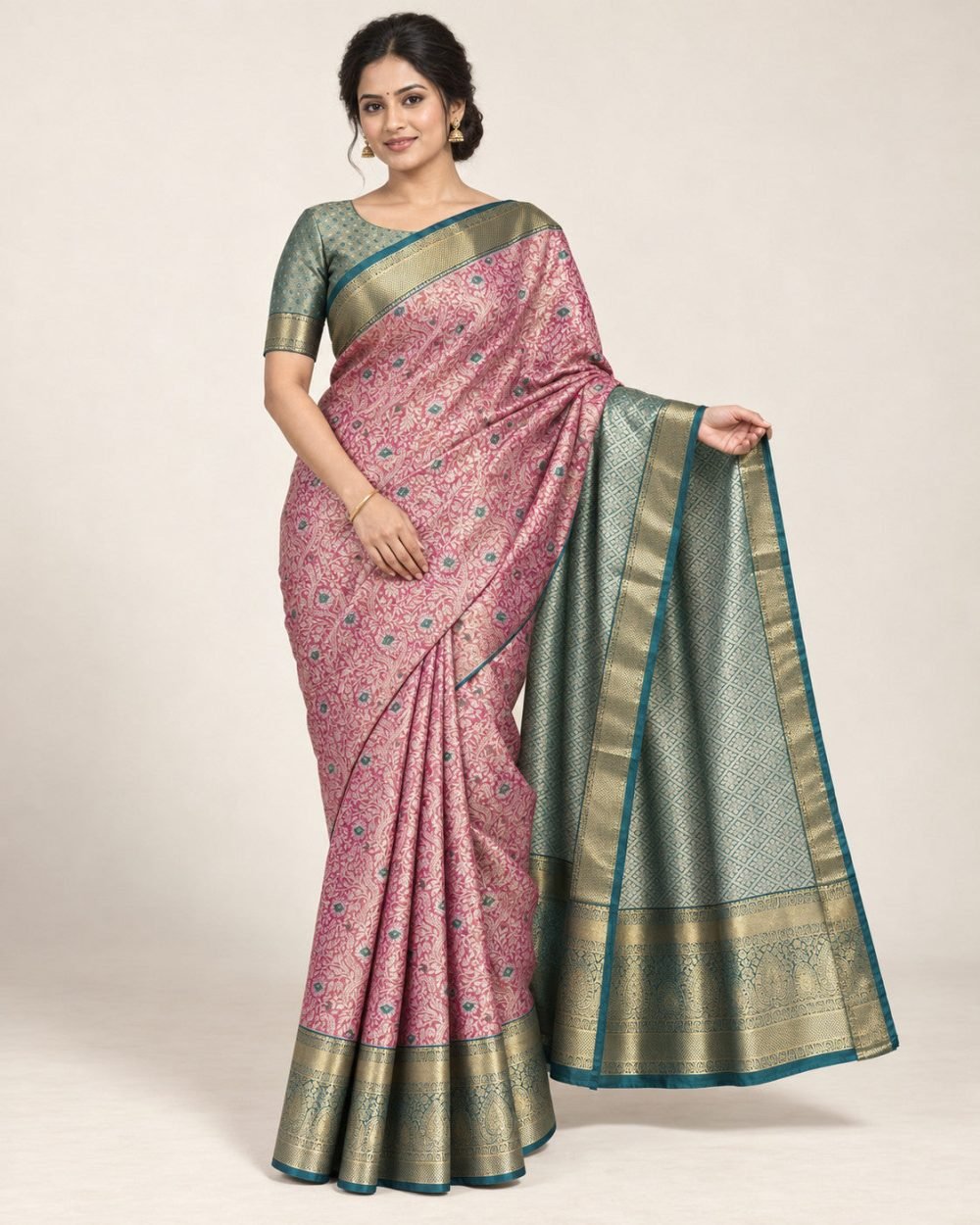 Rose Pink Meenakari Pattu Saree with Teal Border