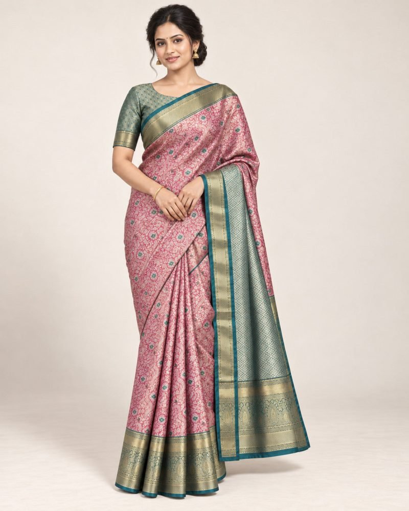 Rose Pink Meenakari Pattu Saree with Teal Border