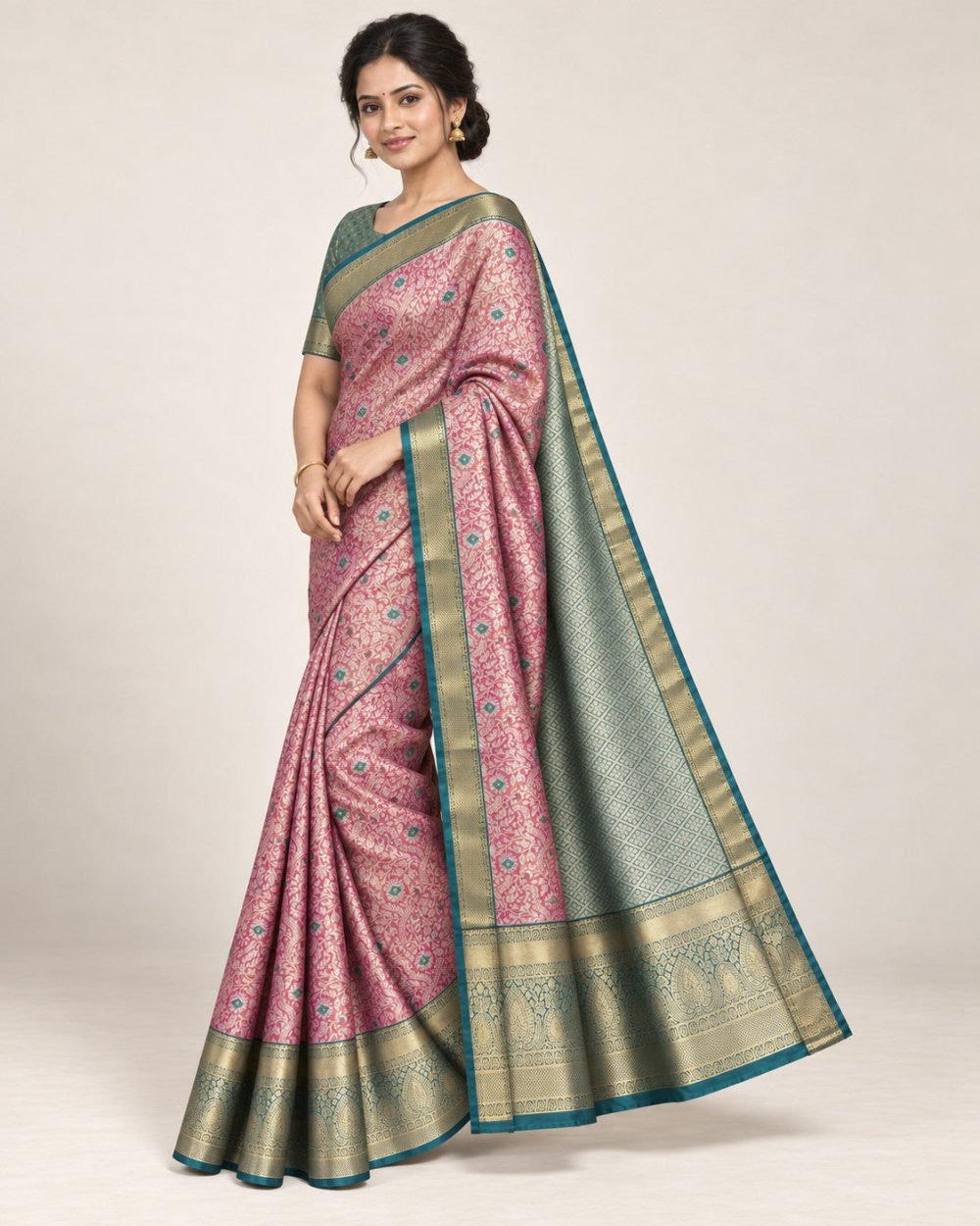 Rose Pink Meenakari Pattu Saree with Teal Border