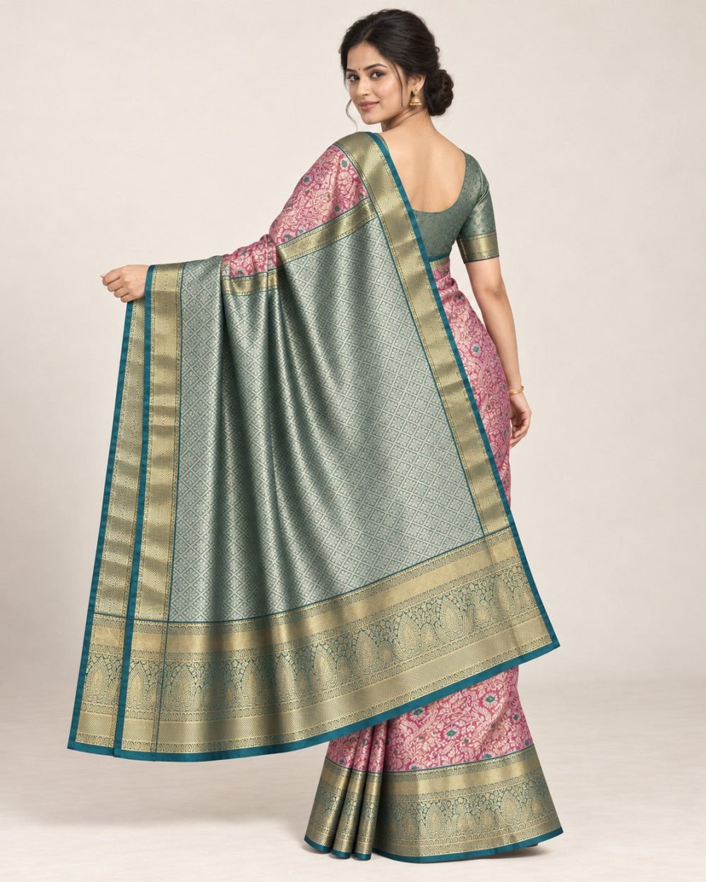 Rose Pink Meenakari Pattu Saree with Teal Border