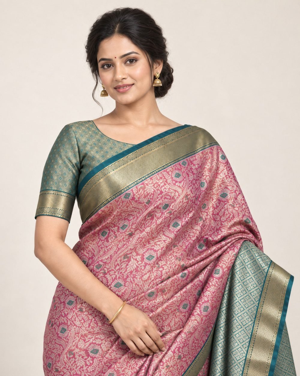 Rose Pink Meenakari Pattu Saree with Teal Border