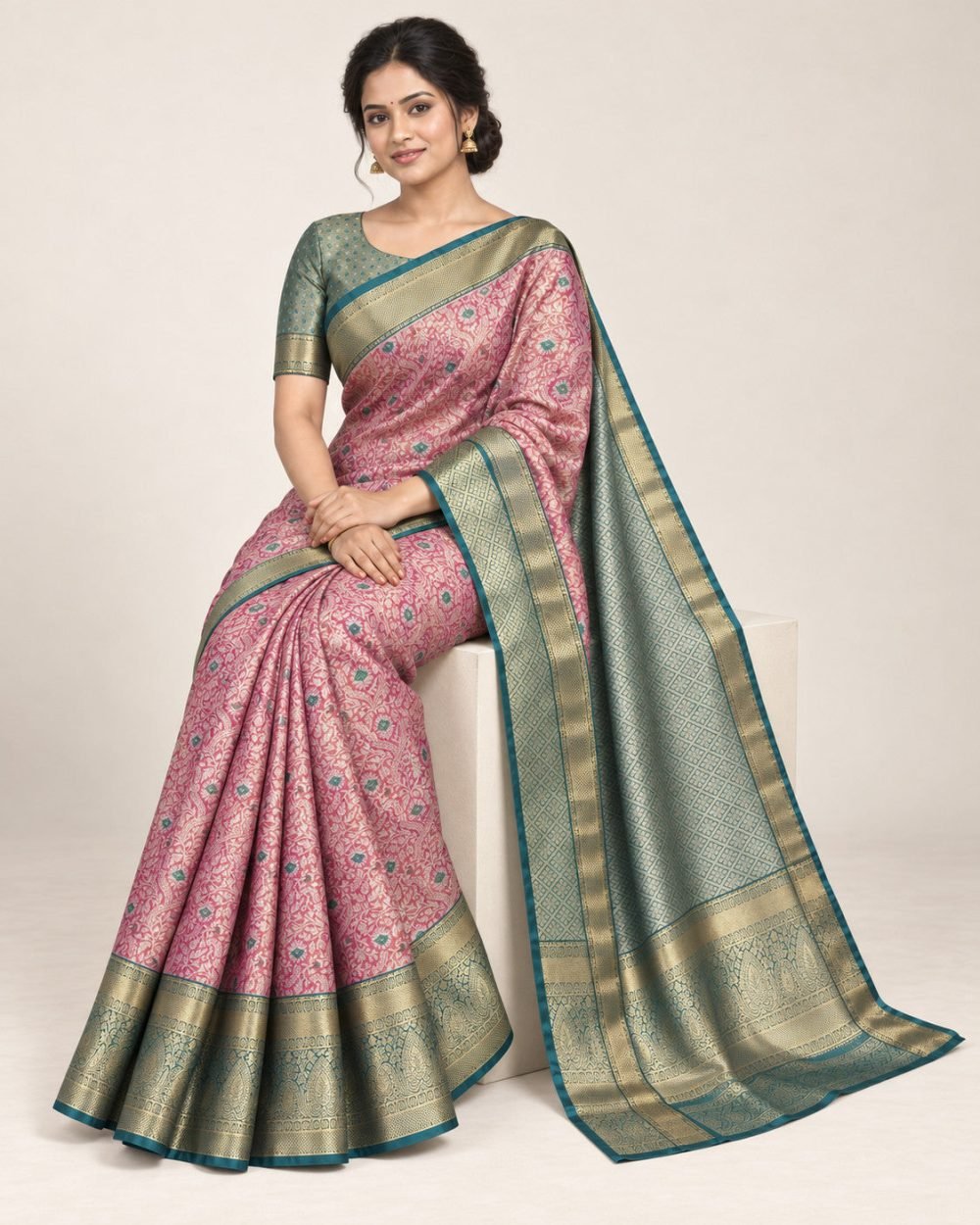 Rose Pink Meenakari Pattu Saree with Teal Border