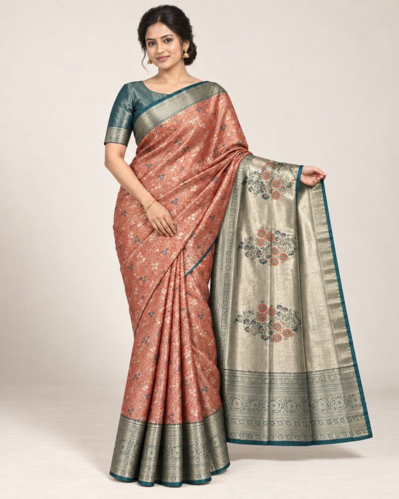 Copper Peach Meenakari Pattu Saree with Teal Border