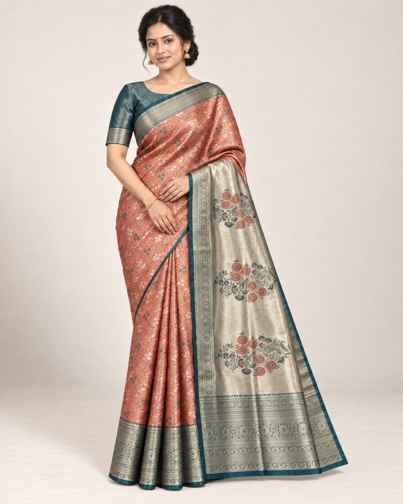 Copper Peach Meenakari Pattu Saree with Teal Border