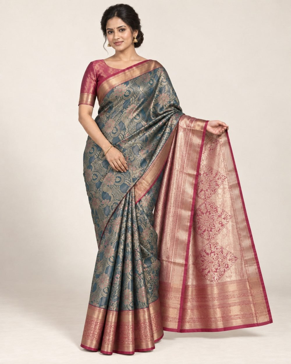 Petrol Teal Meenakari Pattu Saree with Rose Pink Border