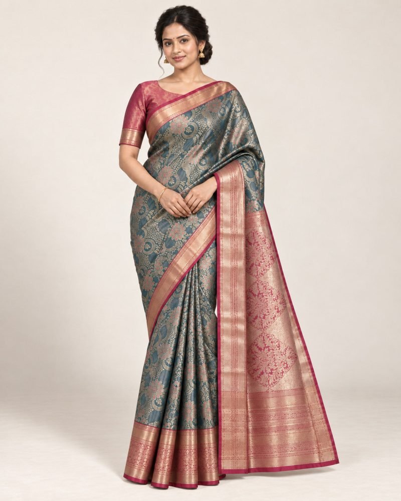Petrol Teal Meenakari Pattu Saree with Rose Pink Border
