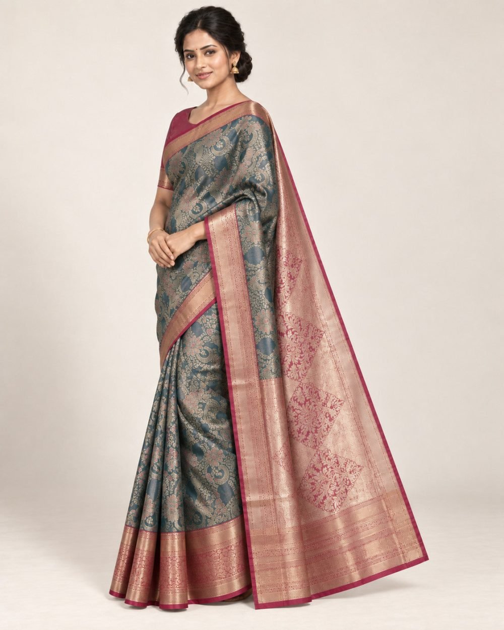 Petrol Teal Meenakari Pattu Saree with Rose Pink Border