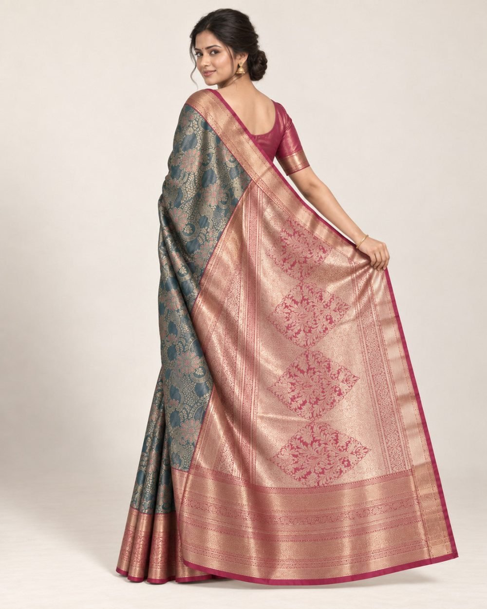 Petrol Teal Meenakari Pattu Saree with Rose Pink Border