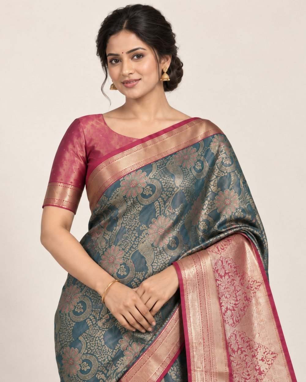 Petrol Teal Meenakari Pattu Saree with Rose Pink Border