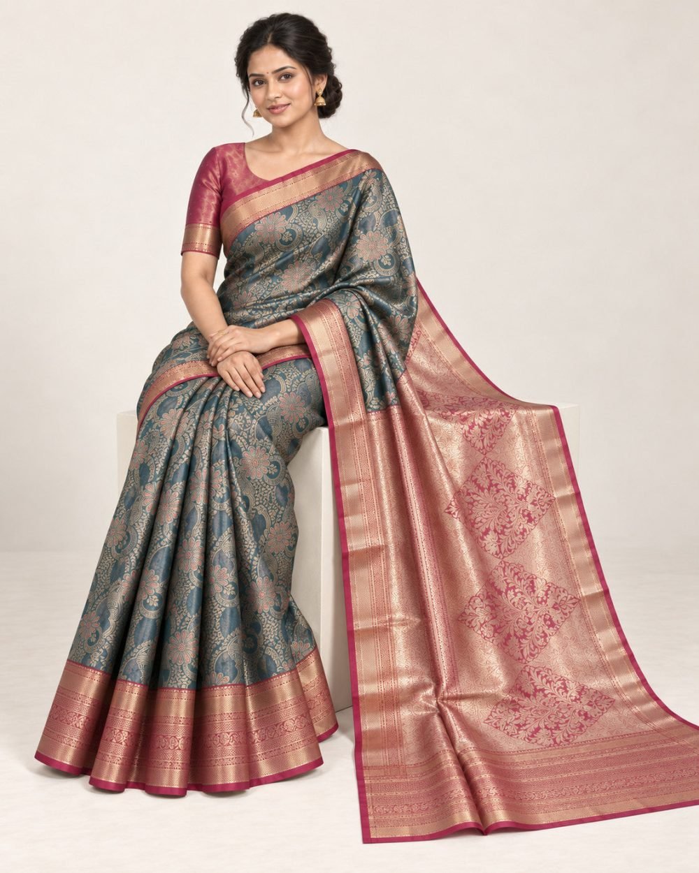 Petrol Teal Meenakari Pattu Saree with Rose Pink Border
