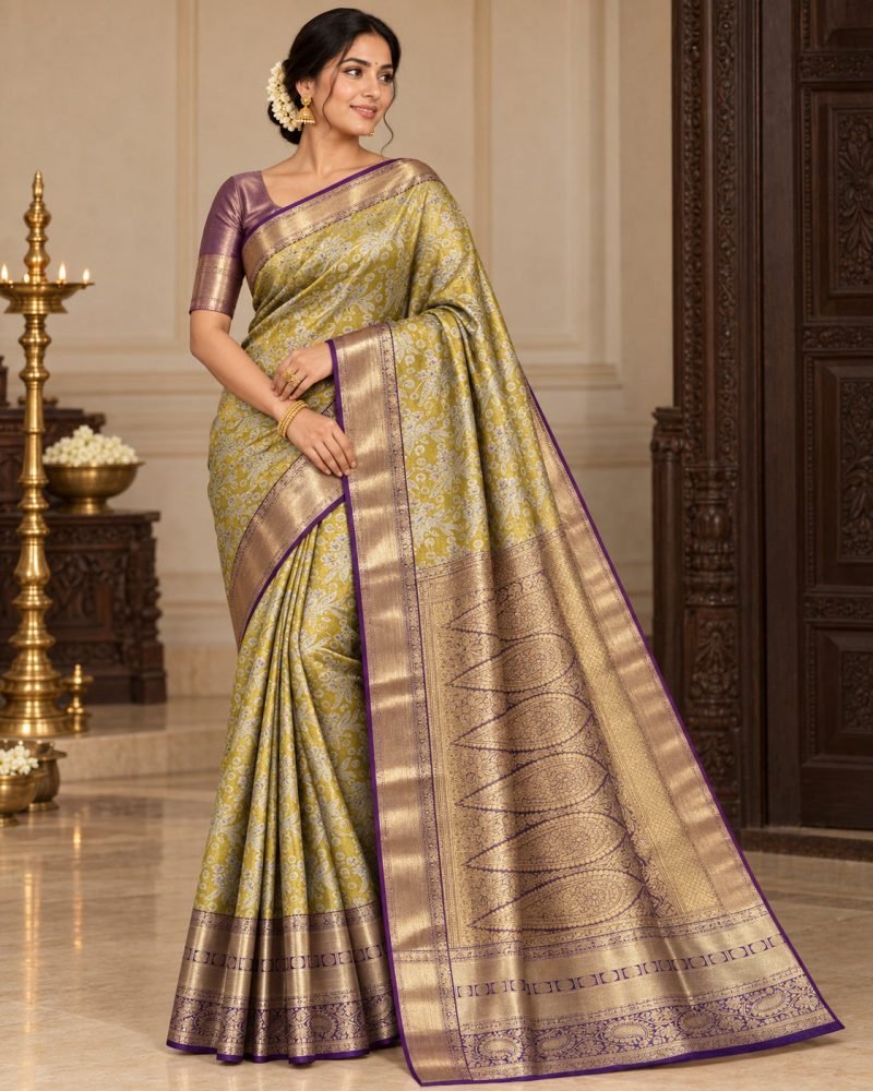 Mustard Yellow Meenakari Pattu Saree with Purple Border