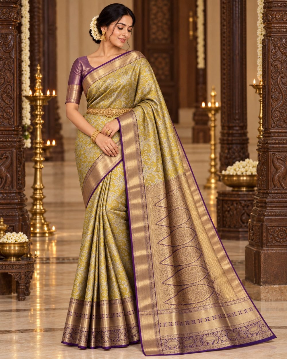 Mustard Yellow Meenakari Pattu Saree with Purple Border
