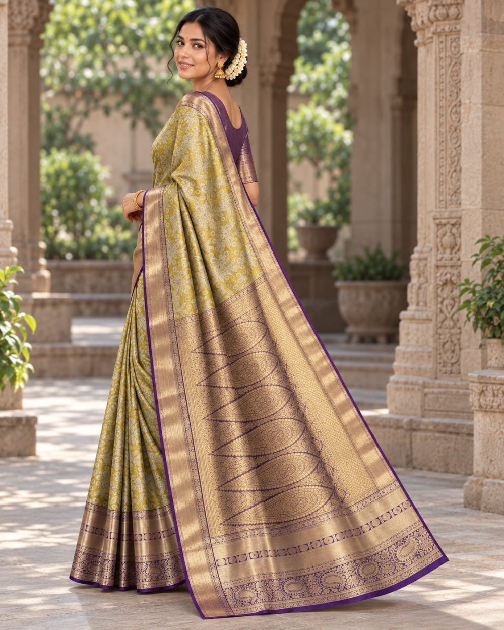 Mustard Yellow Meenakari Pattu Saree with Purple Border